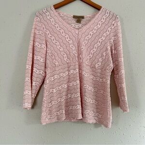 🦋 Notations Vintage Pink Lace Floral V-Neck 3/4 Sleeve Blouse Pastel XL